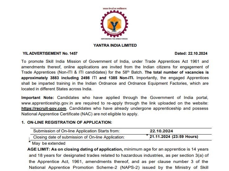 YIL Apprentice Notification 2024