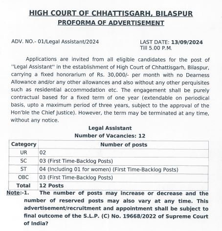 Cg High Court Legal Assistant Notification 2024