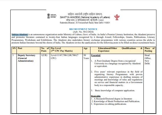 Sahiyta Akademy Notification 2024
